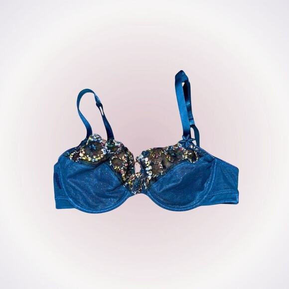Chantelle Floral Embroidered Blue Underwire Bra | Sz 30D - Picture 1 of 9